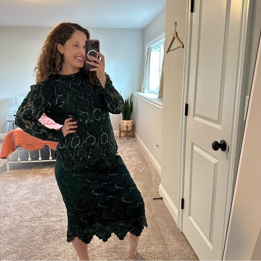 Vintage Laurence Kazar Green Beaded Sequin Shirt and Skirt Set PL - Picture 2 of 16